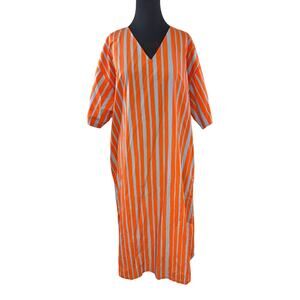 Marimekko x Uniqlo Orange Blue Kaftan Dress Striped V-Neck Size XS X-Small